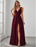 High Split Dress Wedding Guest Floor Length Sleeveless V Neck V Back with Slit