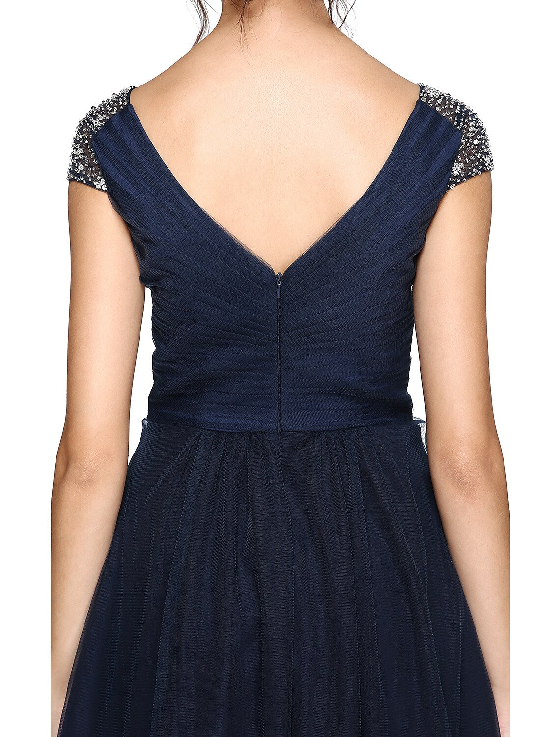 Wedding Asymmetrical Short Sleeve V Neck Back Criss Cross Pleats Beading