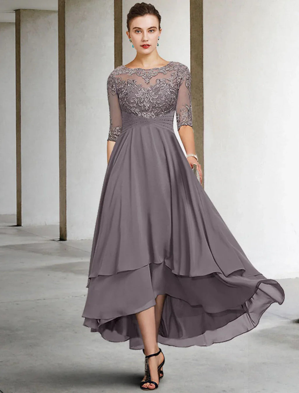 Mother of the Bride Dress Plus Size Elegant High Low Jewel Neck Asymmetrical Ankle Length Half Sleeve with Beading Ruffles Appliques