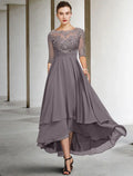 Mother of the Bride Dress Plus Size Elegant High Low Jewel Neck Asymmetrical Ankle Length Half Sleeve with Beading Ruffles Appliques