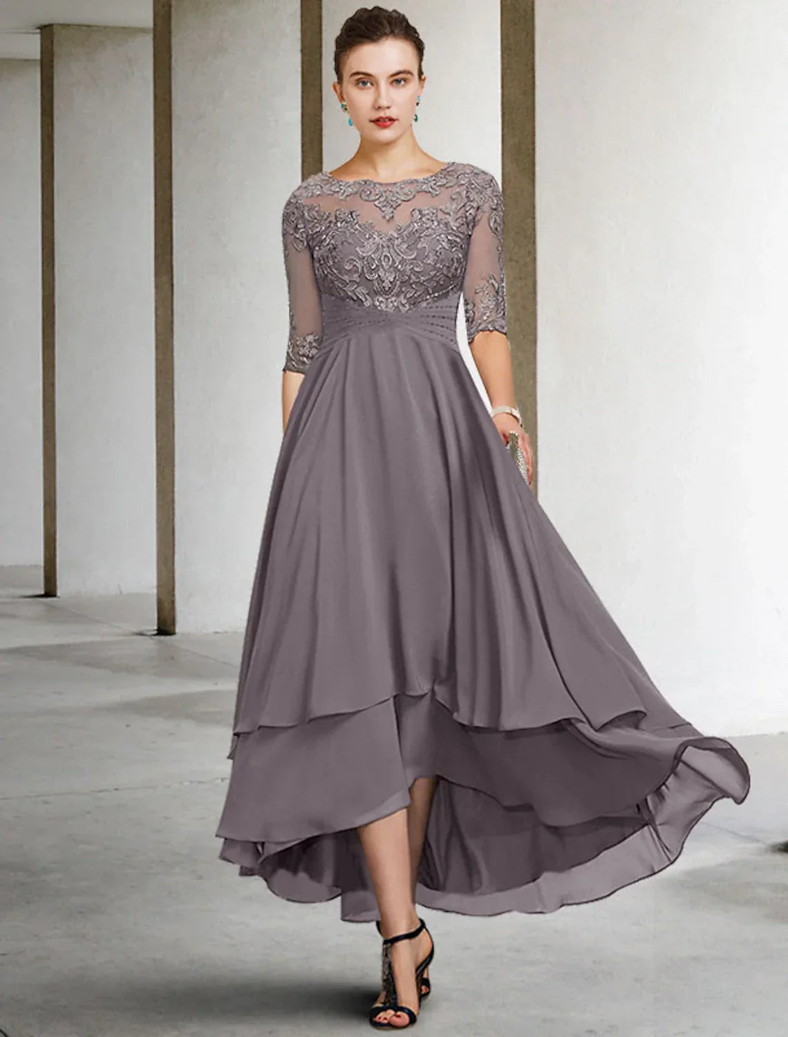 Mother of the Bride Dress Plus Size Elegant High Low Jewel Neck Asymmetrical Ankle Length Half Sleeve with Beading Ruffles Appliques
