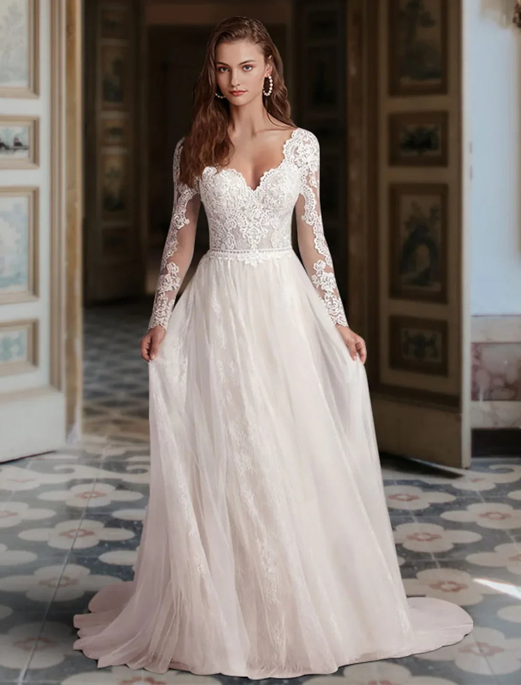 Engagement Formal Wedding Dresses A-Line Long Sleeve V Neck