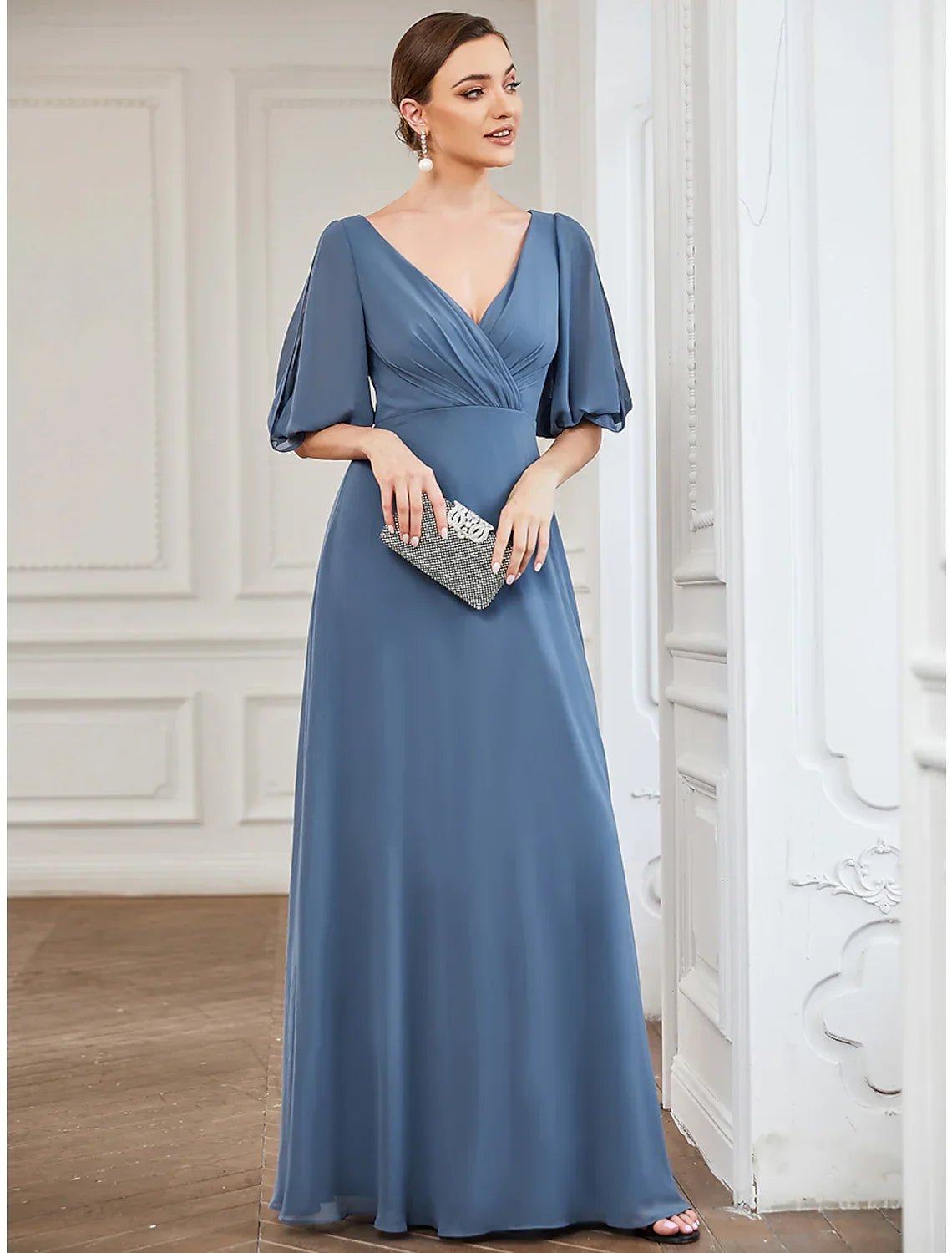Evening Gown Dress Wedding Guest Floor Length Half Sleeve V Neck with Pleats