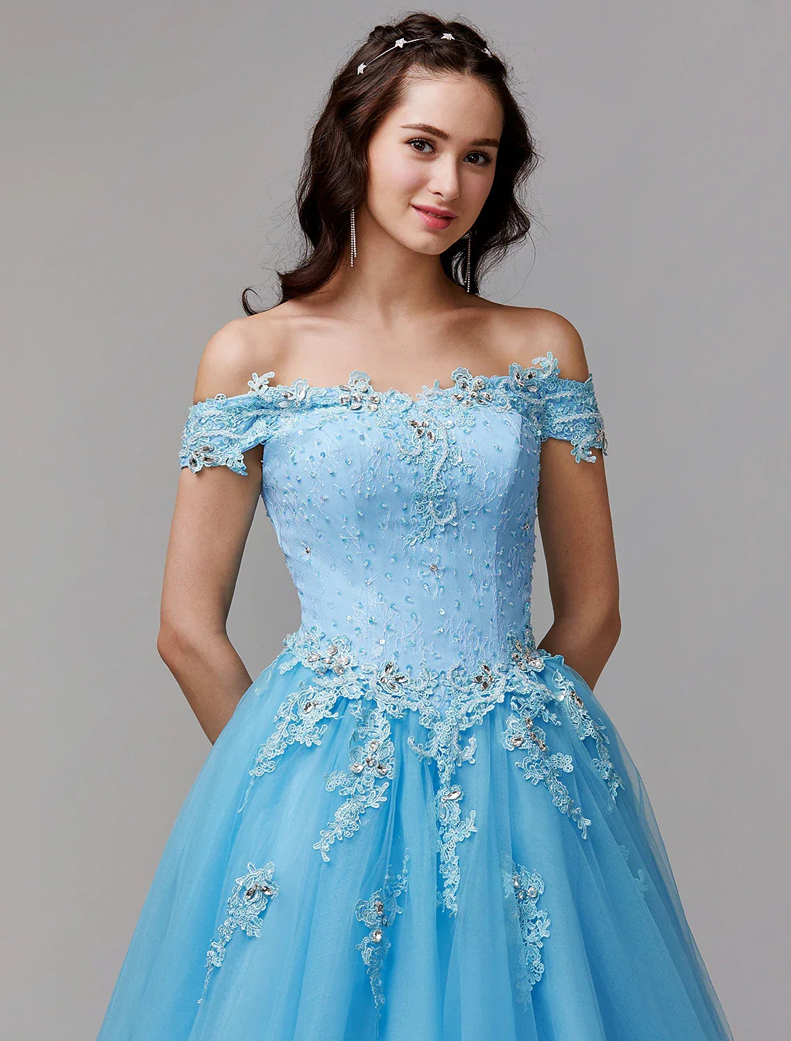 Ball Gown Vintage Inspired Dress Formal Evening Floor Length Sleeveless Off Shoulder with Crystals Appliques