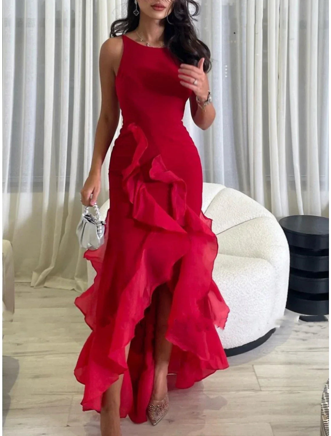 Green Evening Gown Elegant Dress Formal Ankle Length Christmas Red Dress Sleeveless Scoop Neck with Ruffles Slit