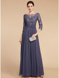 Mother of the Bride Dress Wedding Guest Elegant Scoop Neck Floor Length 3/4 Length Sleeve with Ruching Solid Color
