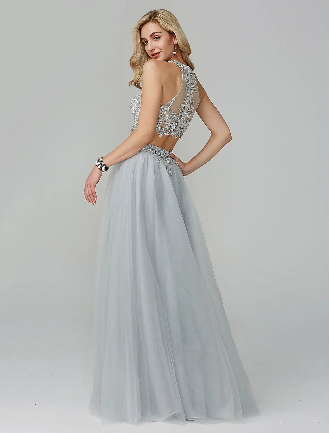 Two Piece Empire Prom Formal Evening Dress Halter Neck Sleeveless Floor Length with Appliques