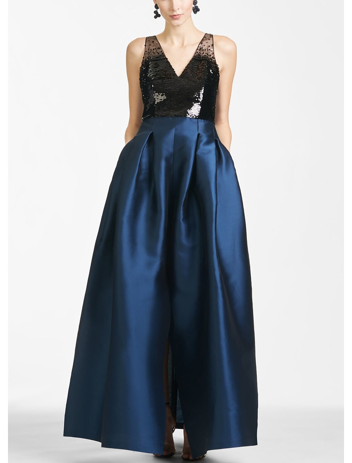 Evening Gown Color Block Dress Formal Prom Floor Length Sleeveless V Neck with Slit