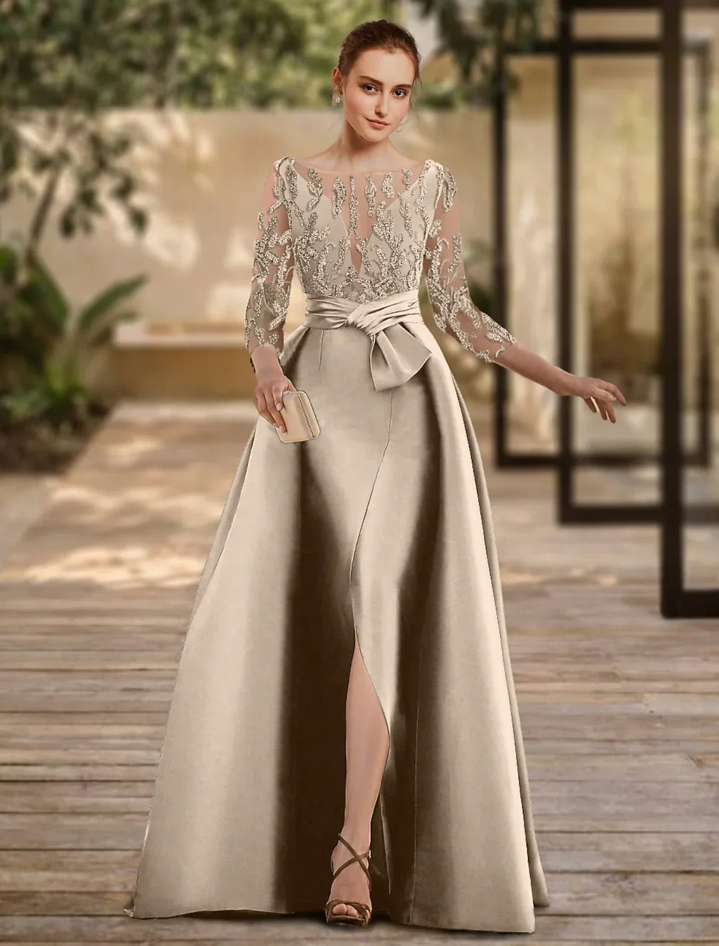 Evening Gown Open Back Dress Formal Wedding Guest Floor Length 3/4 Length Sleeve Scoop Neck with Slit Strappy