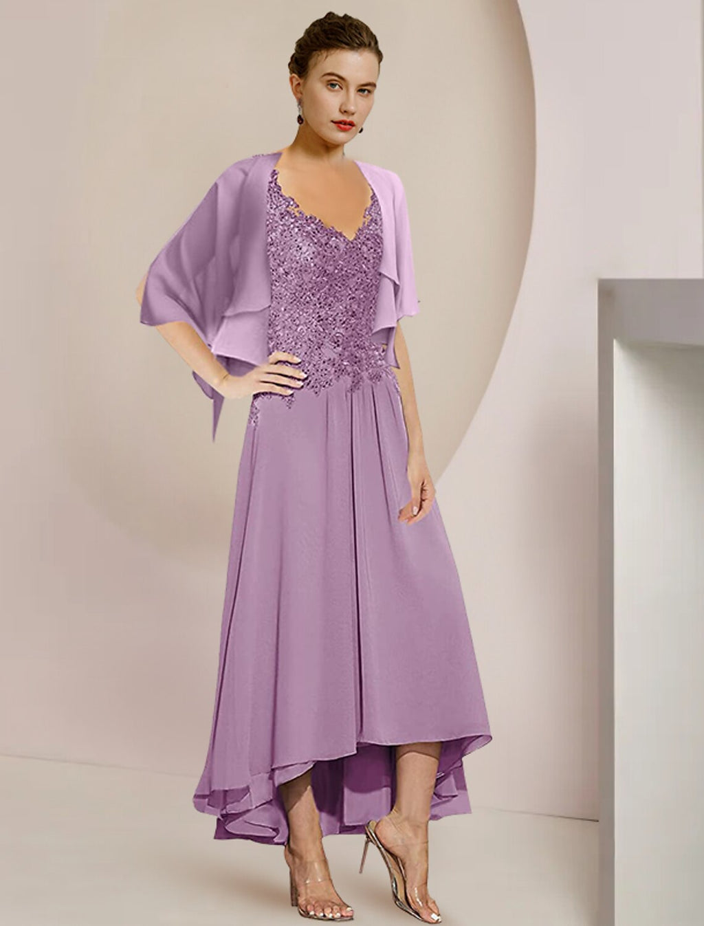 Two Piece A-Line Mother of the Bride Dress Formal Wedding Guest Elegant High Low V Neck Asymmetrical Tea Length 3/4 Length Sleeve Wrap Included with Appliques