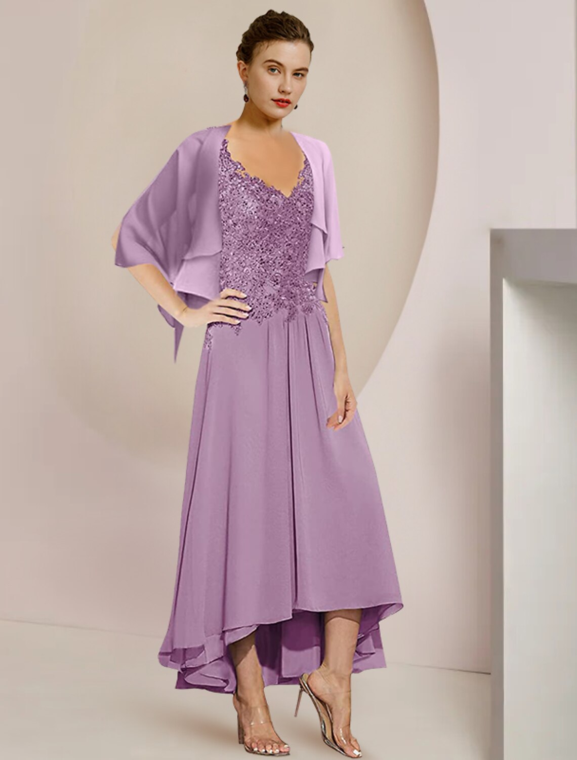 Two Piece A-Line Mother of the Bride Dress Formal Wedding Guest Elegant High Low V Neck Asymmetrical Tea Length 3/4 Length Sleeve Wrap Included with Appliques