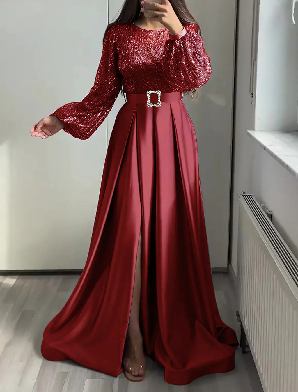 Black Evening Gown Glittering Dress Wedding Tie Floor Length Long Sleeve Jewel Neck Fall Wedding Guest