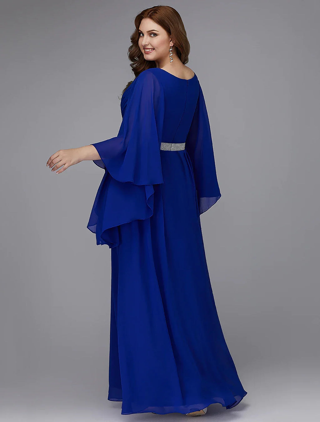 Plus Size Dress Wedding Guest Floor Length Long Sleeve V Neck Lace-up with Crystals
