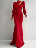 Green Mermaid Evening Gown Elegant Dress Formal Christmas Red Dress Sweep / Brush Train Long Sleeve High Neck with Ruched