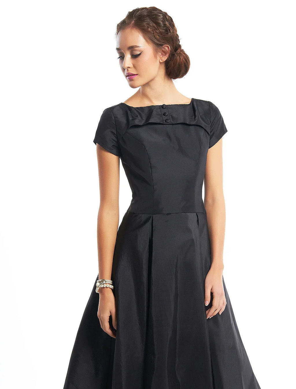 Vintage Dress Homecoming Tea Length Short Sleeve Boat Neck Taffeta with Buttons