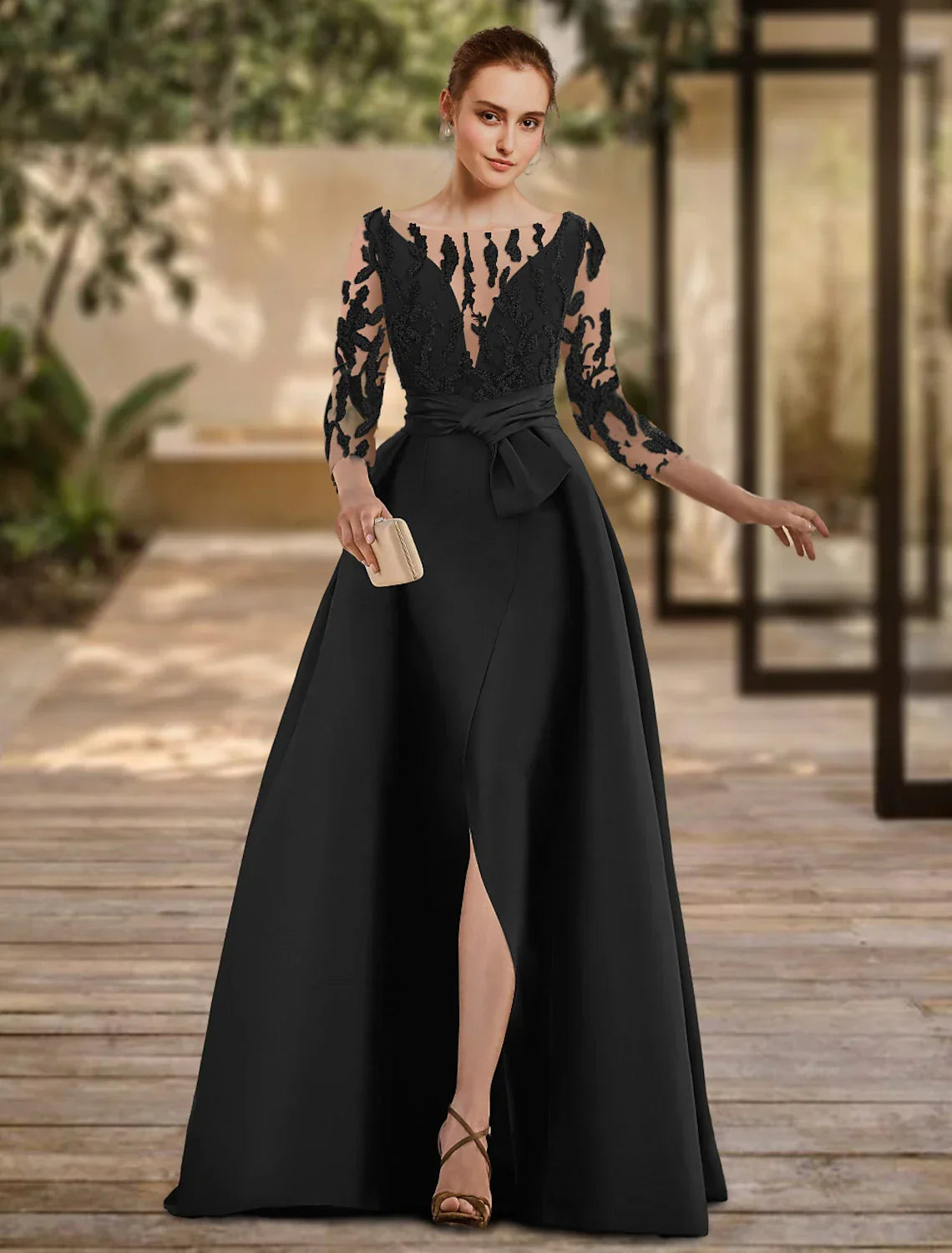 Evening Gown Open Back Dress Formal Wedding Guest Floor Length 3/4 Length Sleeve Scoop Neck with Slit Strappy