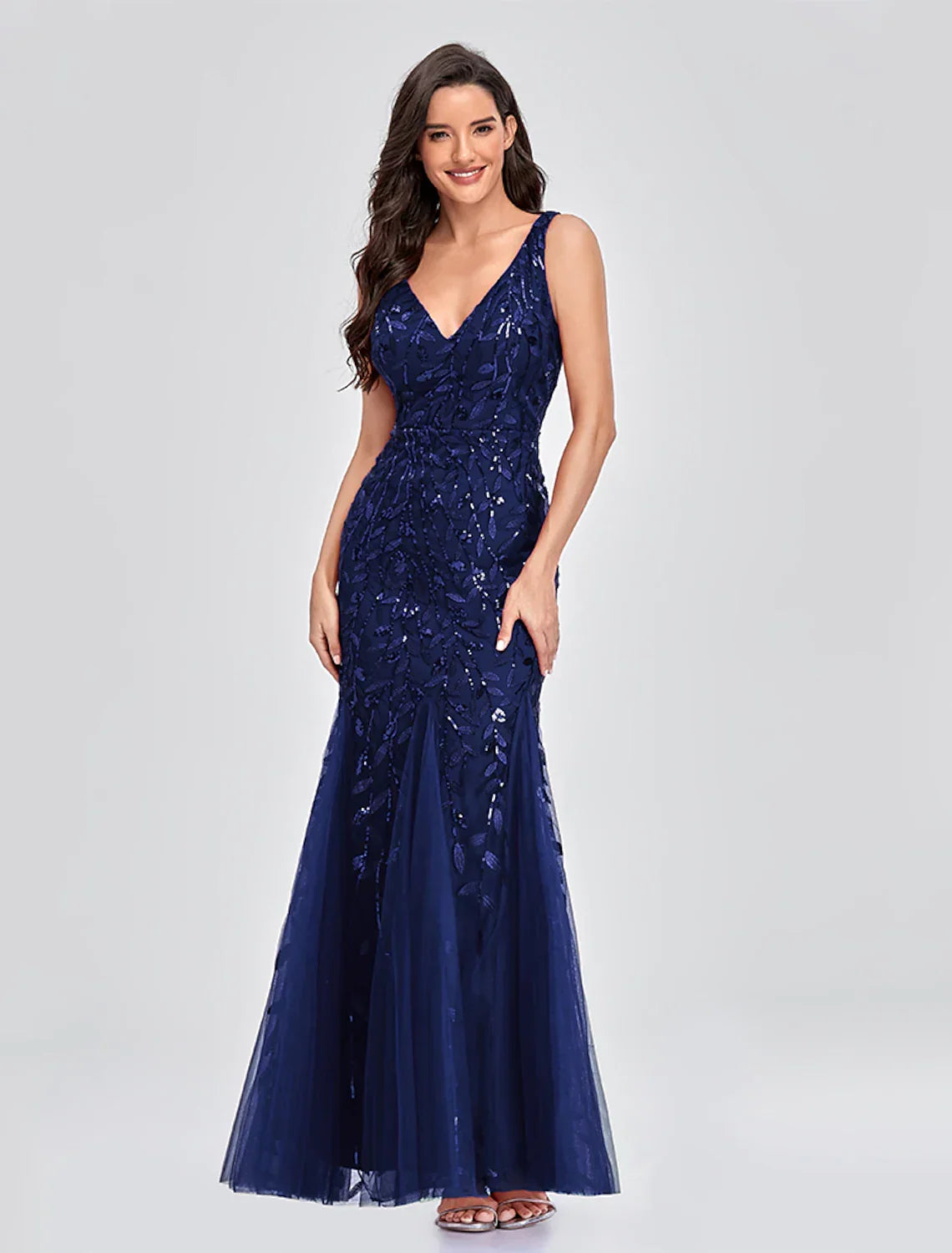 Party Wear Formal Evening Dress V Neck V Back Sleeveless Floor Length with Embroidery