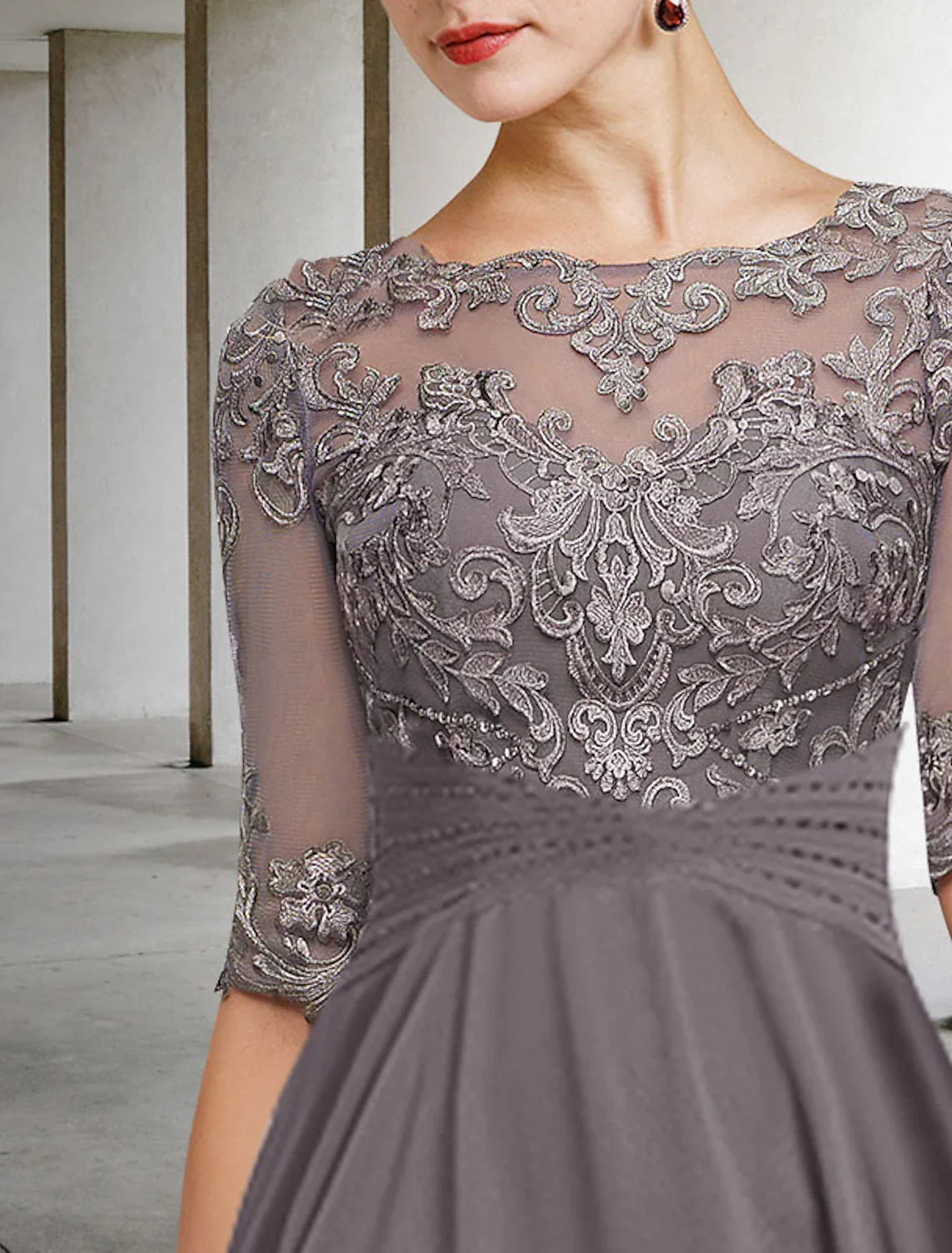Mother of the Bride Dress Plus Size Elegant High Low Jewel Neck Asymmetrical Ankle Length Half Sleeve with Beading Ruffles Appliques