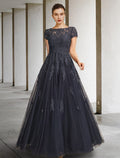 Ball Gown Mother of the Bride Dress Luxurious Elegant Jewel Neck Floor Length Short Sleeve with Crystals Appliques