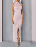 Blush Pink High-Neck Open-Back Midi Prom Dress