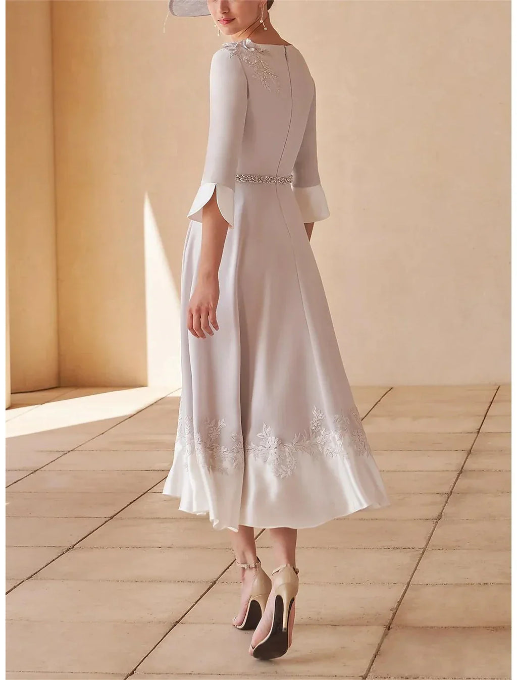 Mother of the Bride Dress Formal Wedding Guest Elegant V Neck Tea Length Half Sleeve with Crystals Color Block