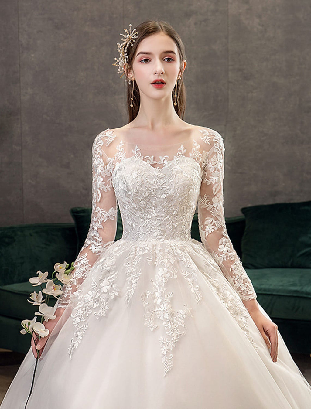 Engagement Open Back Formal Wedding Dresses Chapel Train Long Sleeve With Pleats Appliques