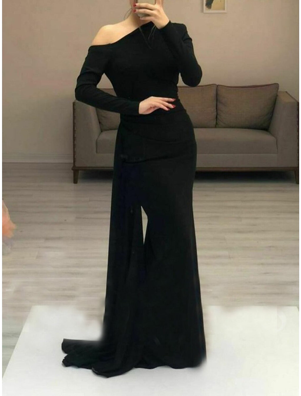 Sheath / Column Minimalist Elegant Wedding Guest Formal Evening Dress One Shoulder Long Sleeve Floor Length Fabric with Sleek Ruched
