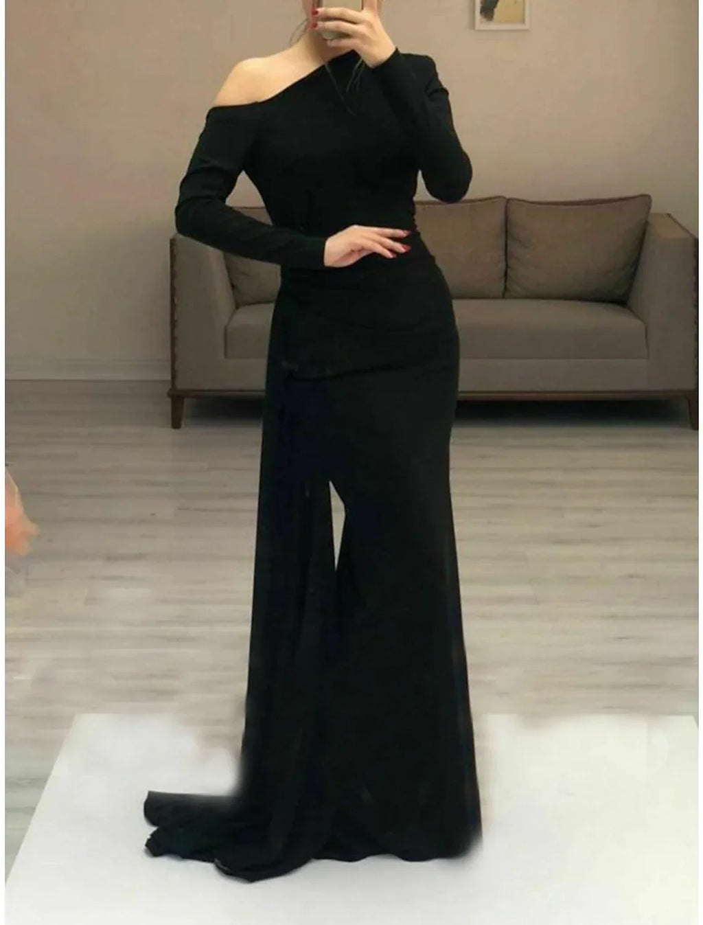 Sheath / Column Evening Gown Elegant Dress Formal Evening Floor Length Long Sleeve One Shoulder Fall Wedding Guest Fabric with Sleek Ruched
