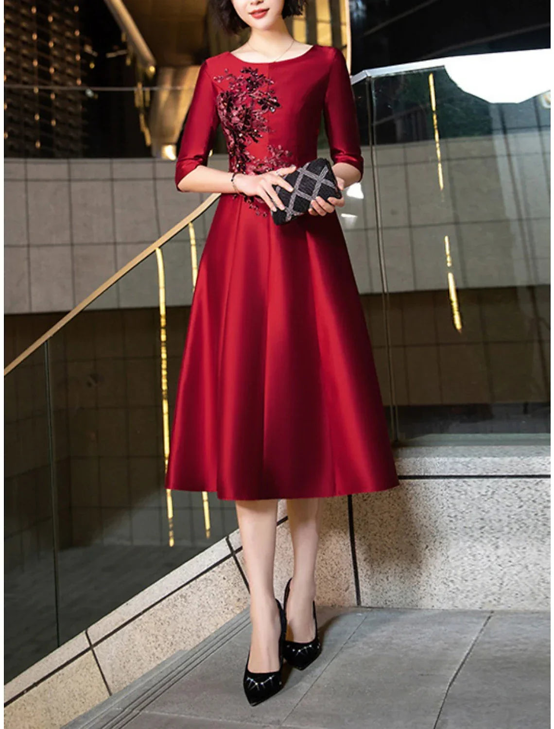 Mother of the Bride Dress Wedding Guest Vintage Elegant Petite Scoop Neck Tea Length Half Sleeve with Crystals Embroidery
