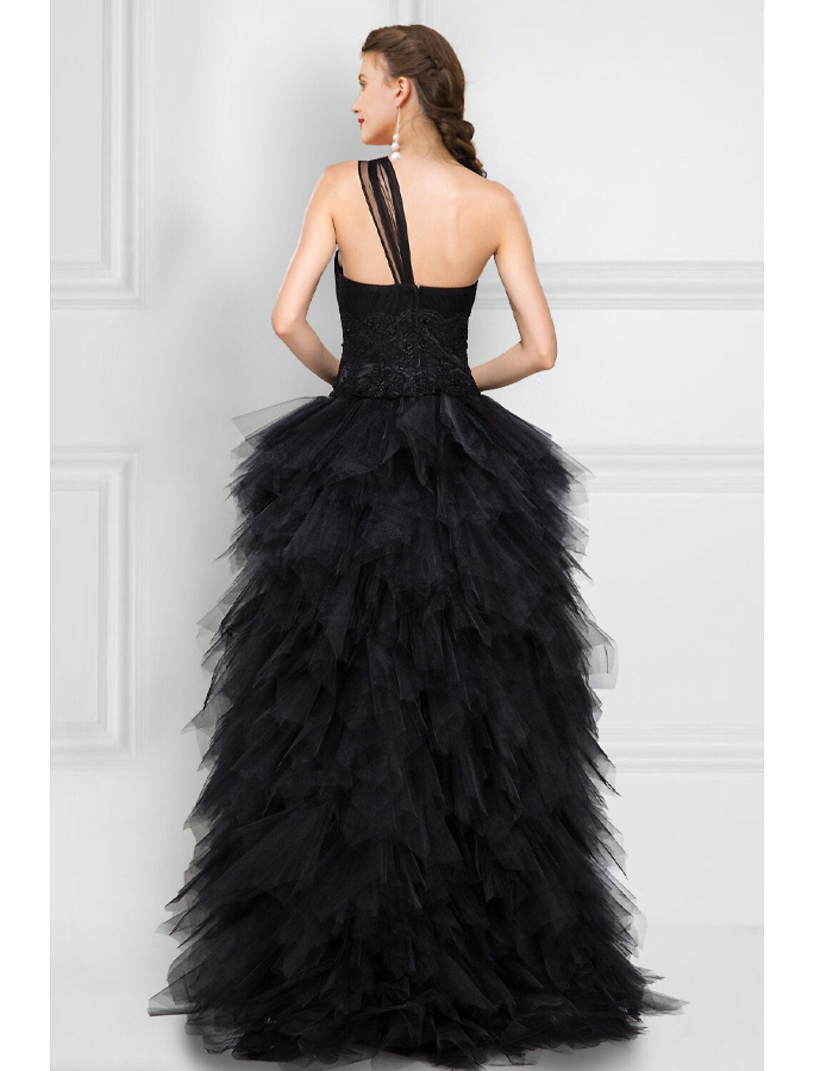 Black Ball Gown Prom Dresses Dress Masquerade Asymmetrical Sleeveless One Shoulder Ladder Back with Pure Color