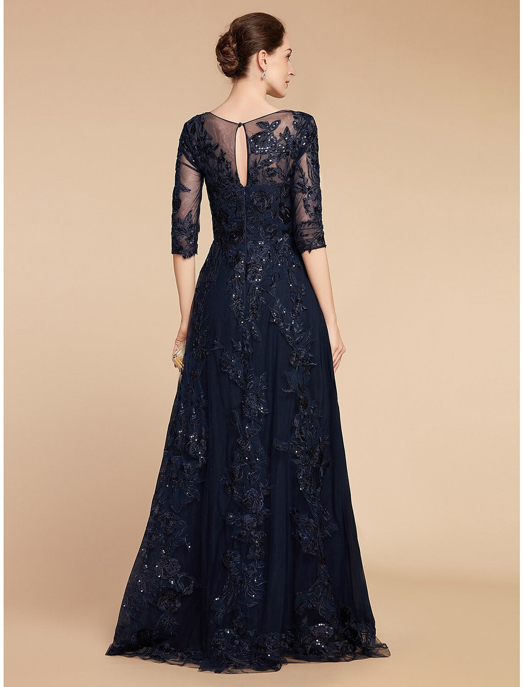 Mother of the Bride Dress Formal Wedding Guest Elegant Party Scoop Neck Floor Length 3/4 Length Sleeve with Appliques