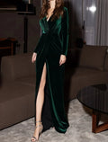 Green Sheath / Column Evening Gown Vintage Dress Christmas Red Dress Formal Evening Floor Length Long Sleeve V Neck Fall Wedding Guest with Draping Slit