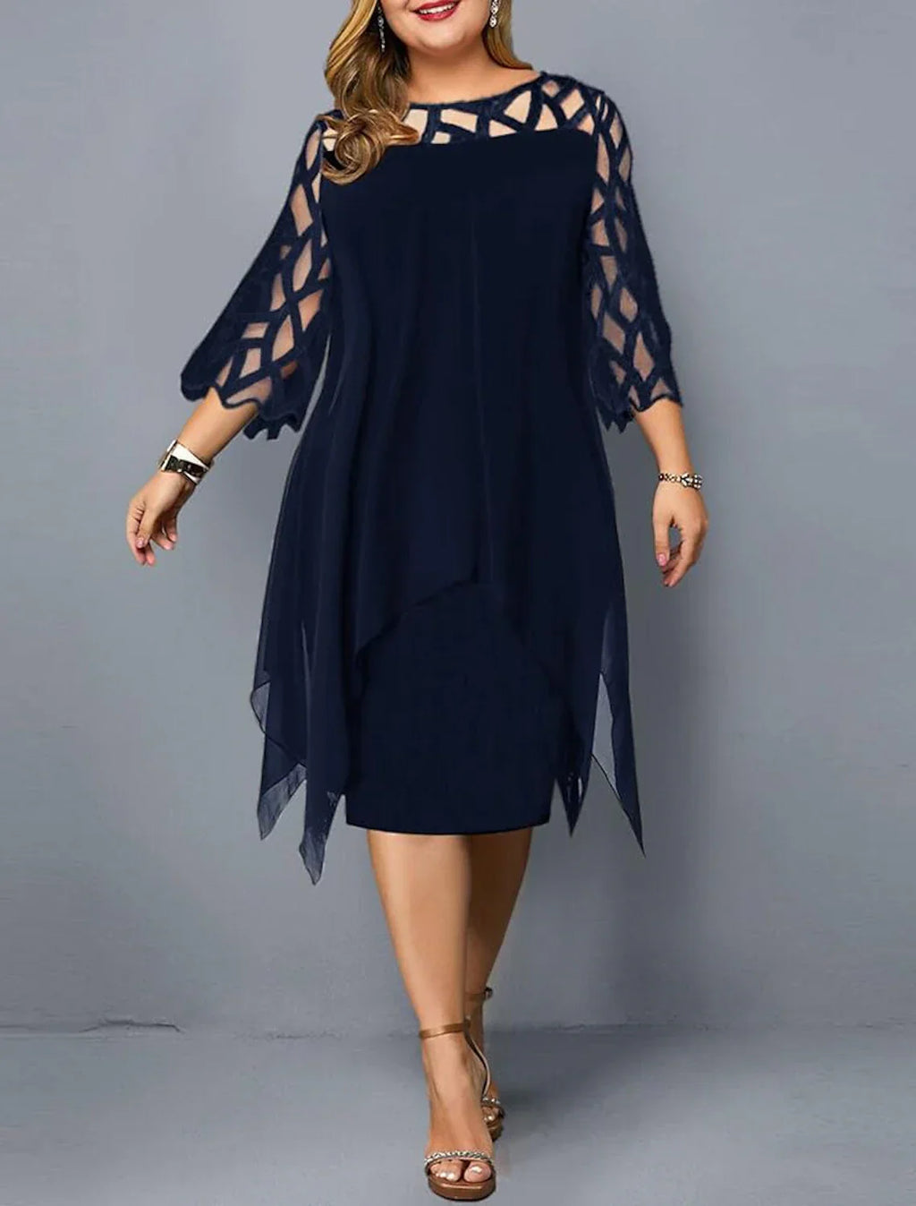 Cocktail Dress Semi-formal Party Dress Midi Jewel Neck 3/4 Length Sleeve Knee Length with Sleek Splicing
