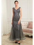 Evening Gown Elegant Dress Party Floor Length Sleeveless V Neck Appliques
