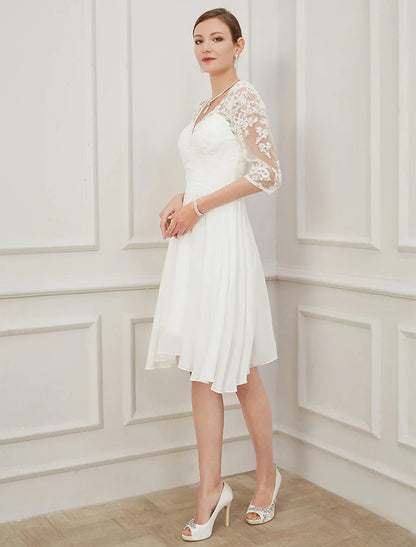 Elegant White A-Line V-Neck Classic-Sleeve Classic-Back Knee-Length Wedding Dress