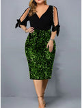 Sheath / Column Party Dresses Sparkle & Shine Dress Party Wear Fall Tea Length Half Sleeve V Neck with Glitter Bow(s)