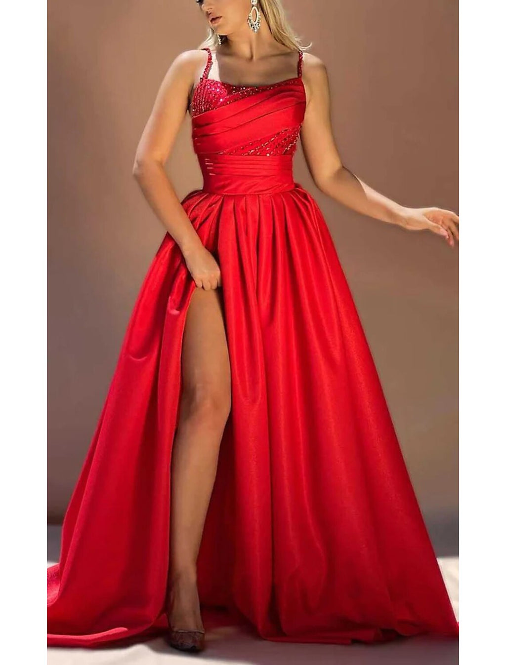 Evening Gown Glittering Dress Formal Christmas Court Train Sleeveless Spaghetti Strap with Ruched