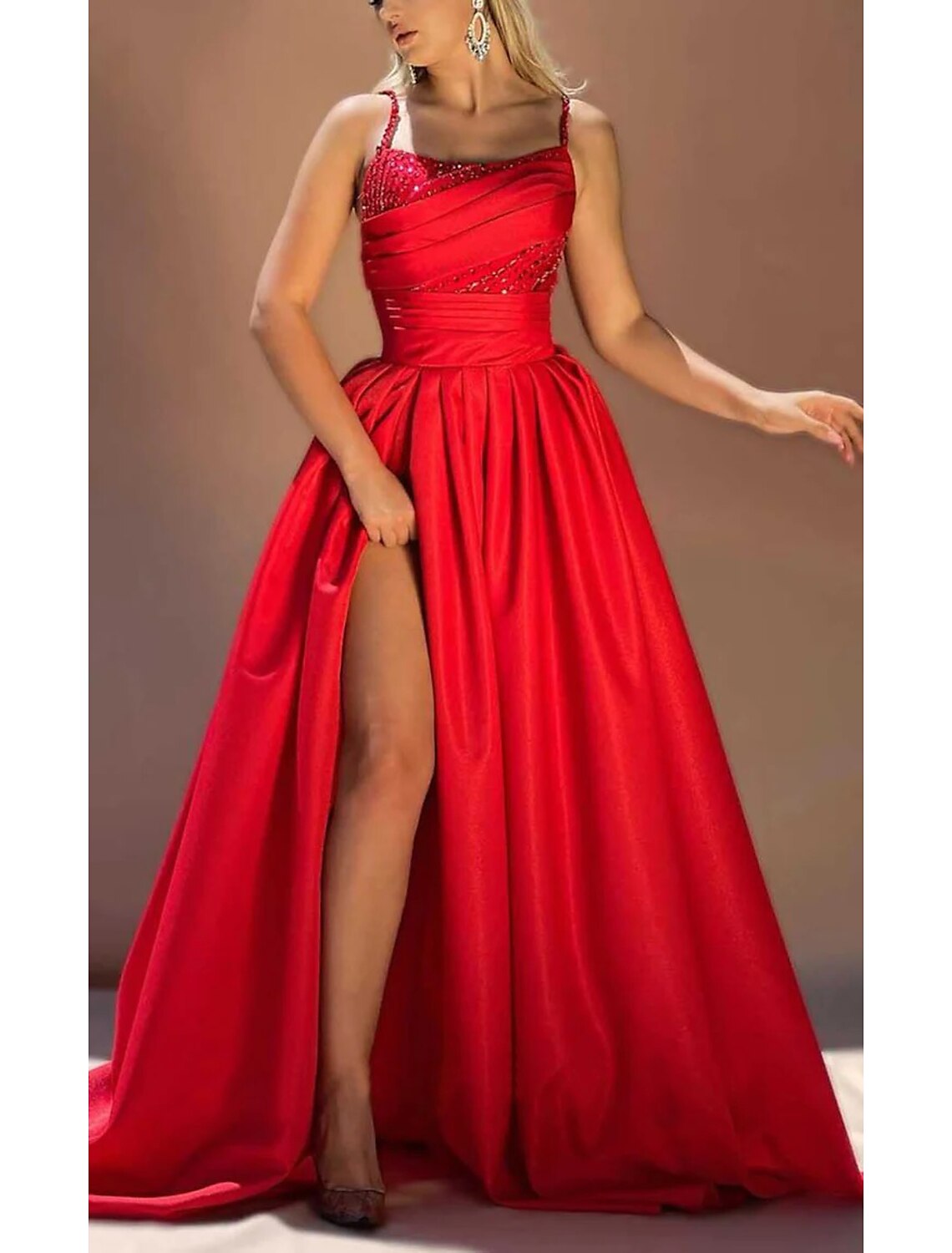 Evening Gown Glittering Dress Formal Christmas Court Train Sleeveless Spaghetti Strap with Ruched