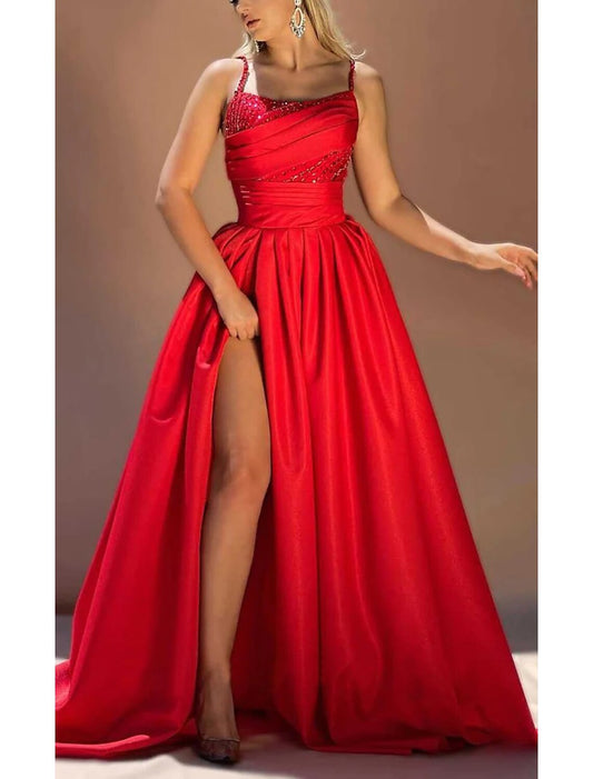 Luxurious Red Sequin A-Line Classic-Neck Sleeveless Classic-Back Floor-Length Evening Dress