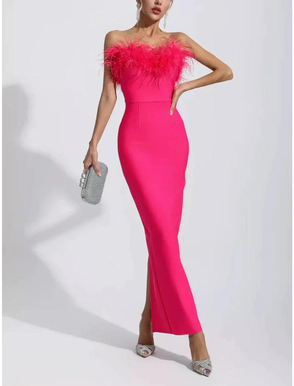 Black Sheath / Column Evening Gown Elegant Dress Formal Fall Ankle Length Sleeveless Strapless Fabric with Feather Slit
