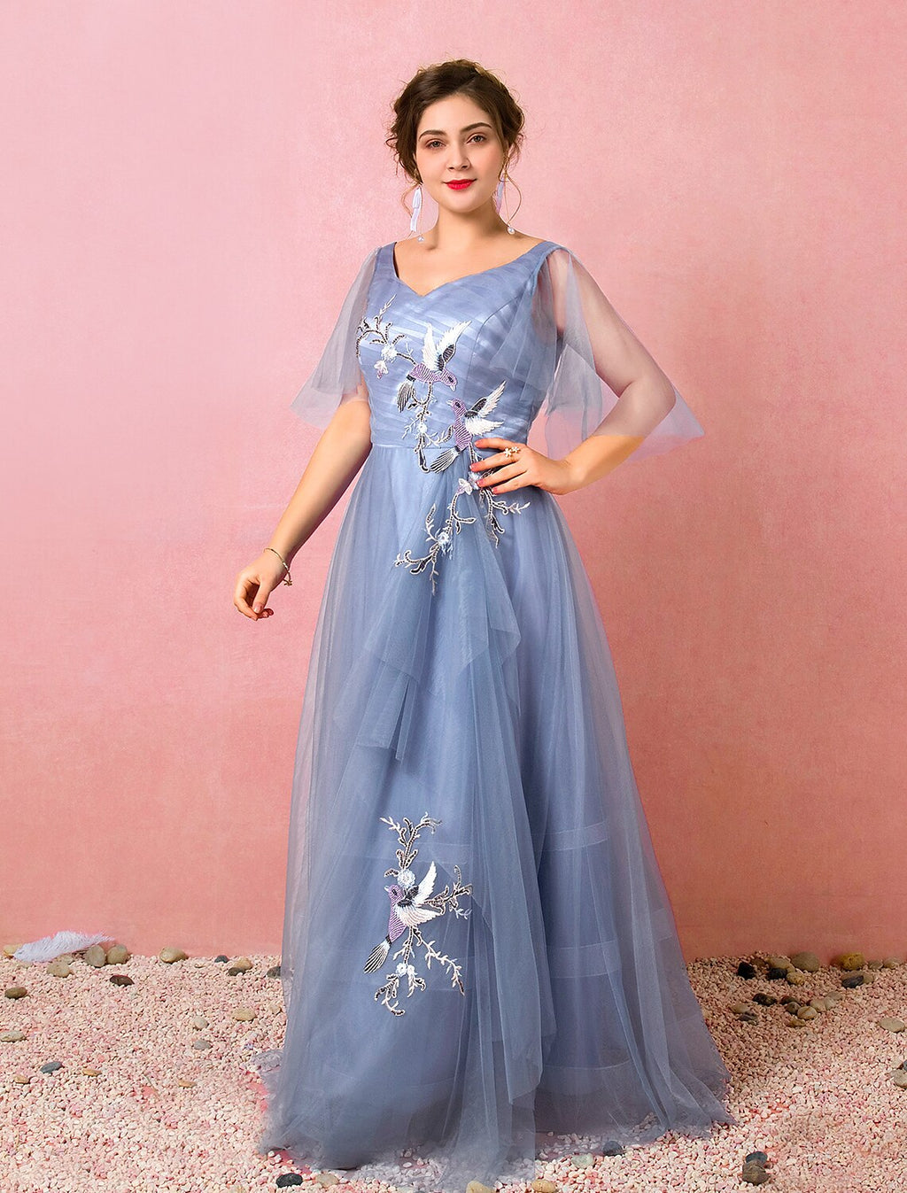 Chinese Style Dress Prom Floor Length Half Sleeve V Neck with Ruched Embroidery