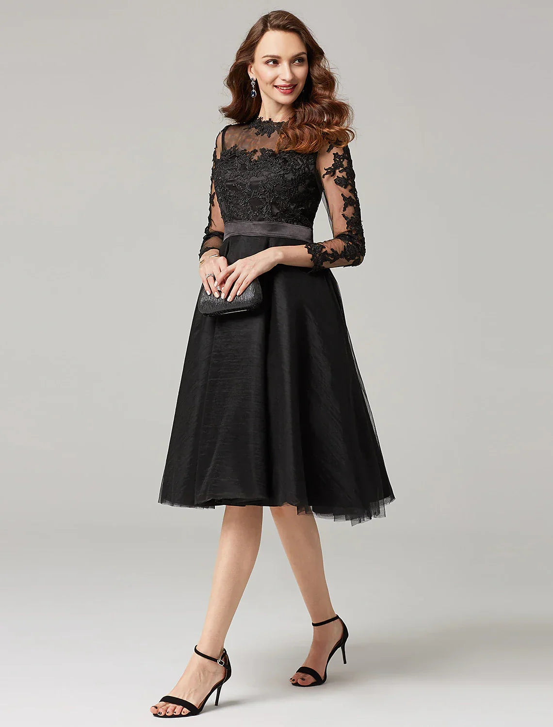 Wedding Guest Knee Length 3/4 Length Sleeve Illusion Neck Over with Appliques