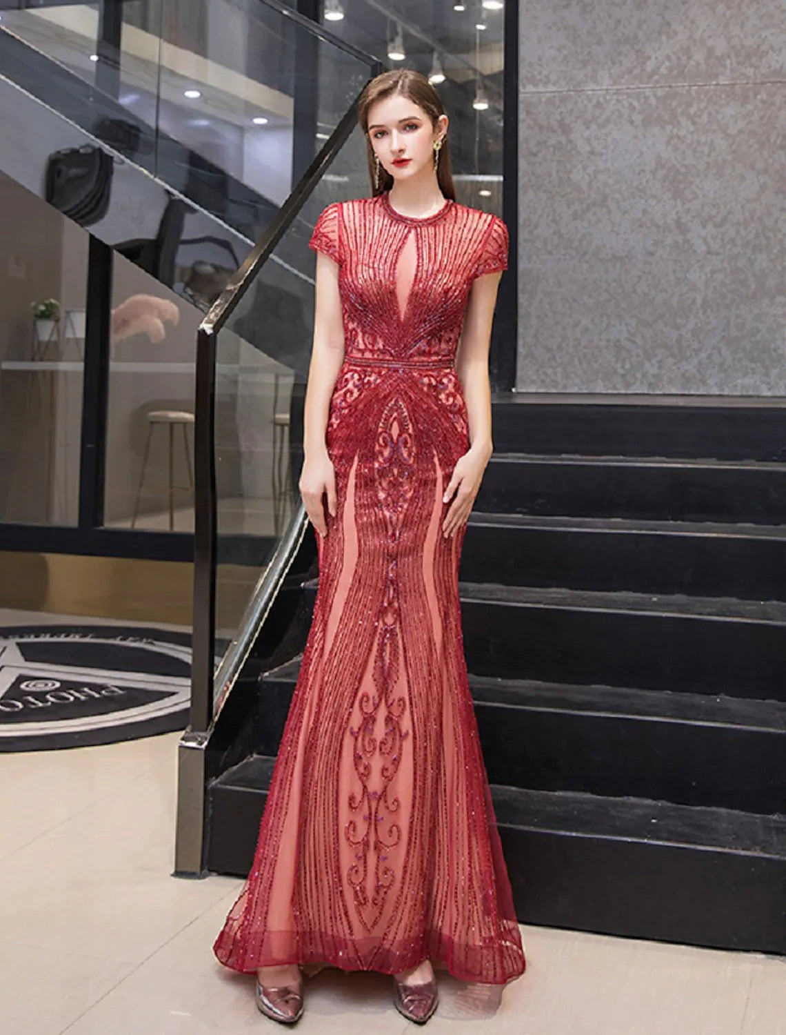 Evening Gown Luxurious Dress Engagement Short Sleeve Jewel Neck with Beading