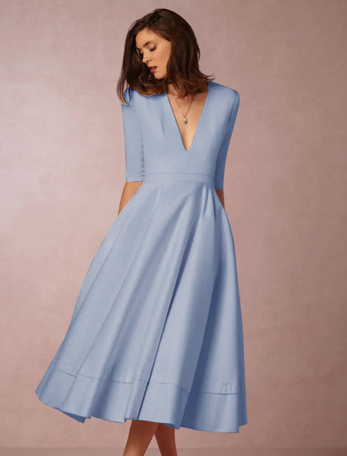 Party Half Sleeve V Neck Pocket with Pleats