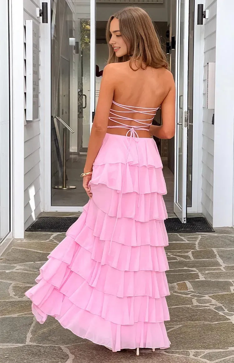 Pink Prom Dress Strapless Tiered Ruffle Silhouette Side Slit for a Show Stopping Vibe