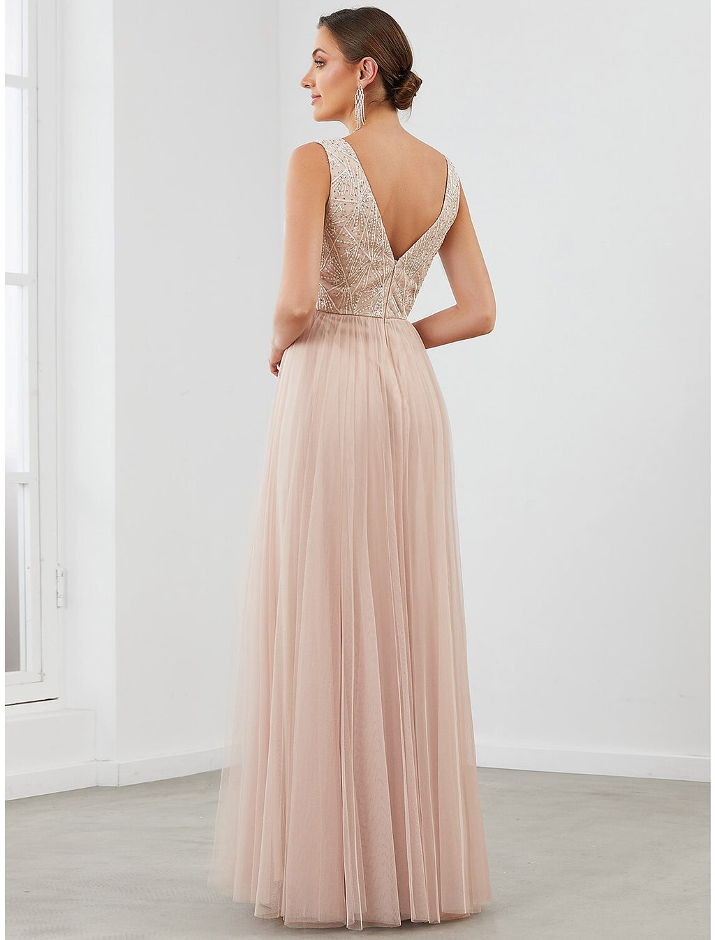 Evening Gown Elegant Dress Wedding Guest Floor Length Sleeveless V Neck V Back with Draping