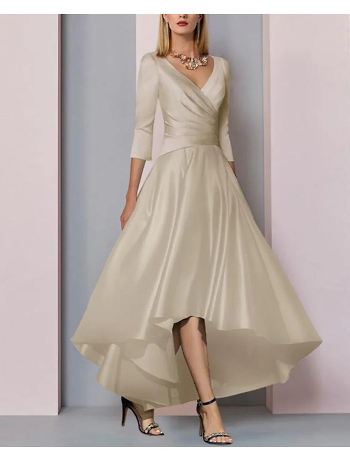 Mother of the Bride Dress Wedding Guest Elegant High Low V Neck Asymmetrical Ankle Length Half Sleeve with Pleats Side-Draped