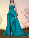 Celebrity Style Elegant Vintage Wedding Guest Prom Dress Strapless Sleeveless Court Train with Bow(s) Overskirt