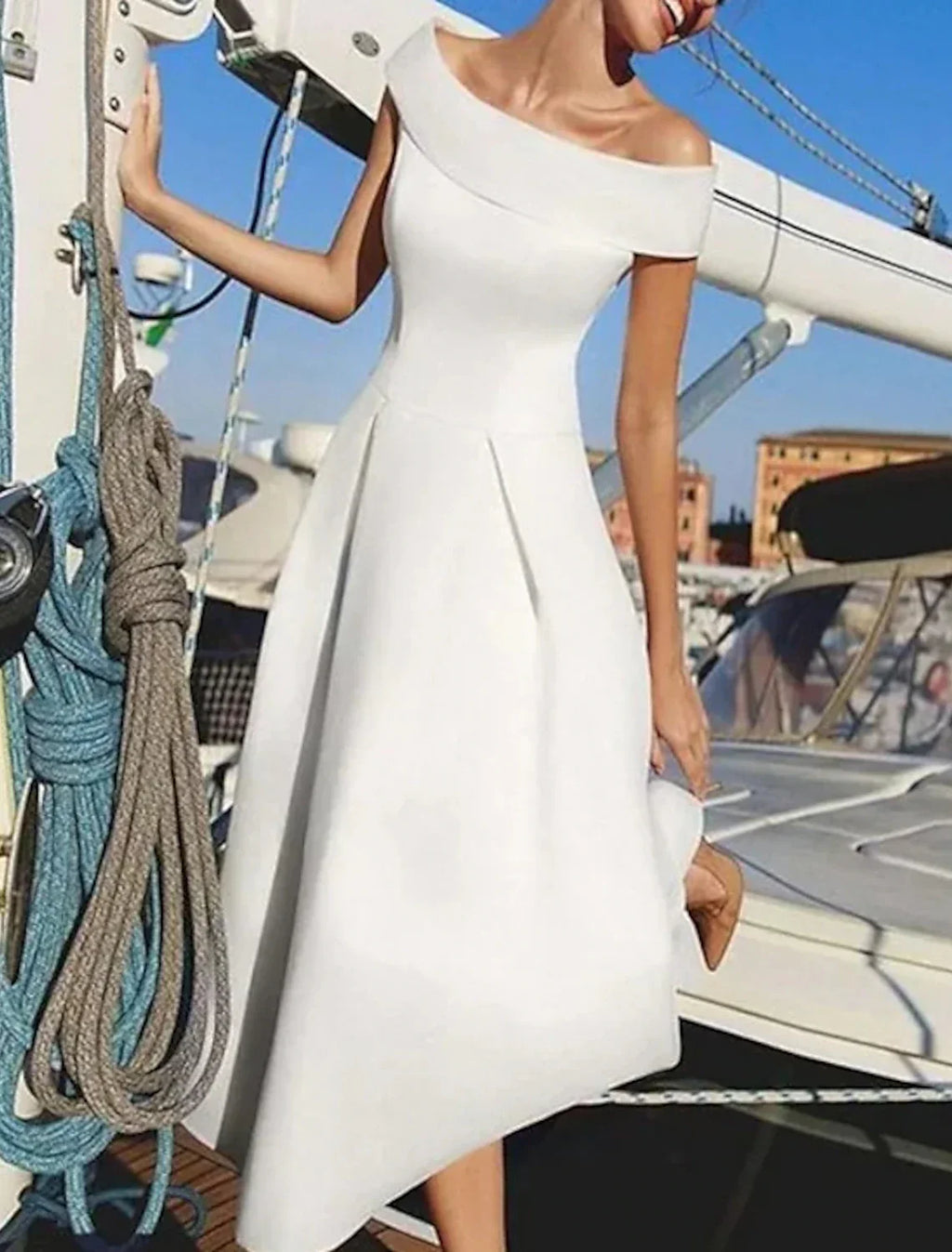 Wedding Guest Dresses Elegant Dress Wedding Party Birthday Tea Length Short Sleeve Off Shoulder with Pure Color