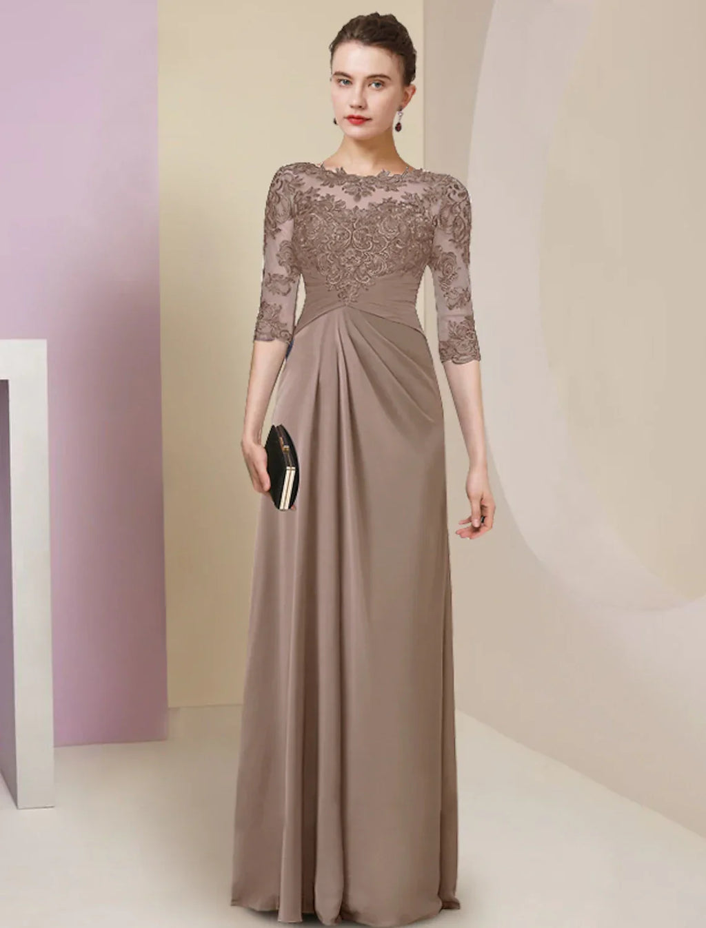 Sheath / Column Mother of the Bride Dress Simple Elegant Jewel Neck Floor Length Half Sleeve with Pleats Solid Color
